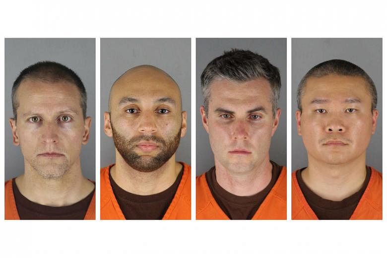 Clockwise from top left: Derek Chauvin, Alexander Kueng, Tou Thao and Thomas Lane, former police officers charged in the killing of Mr George Floyd, who died under the knee of a white Minneapolis officer.
