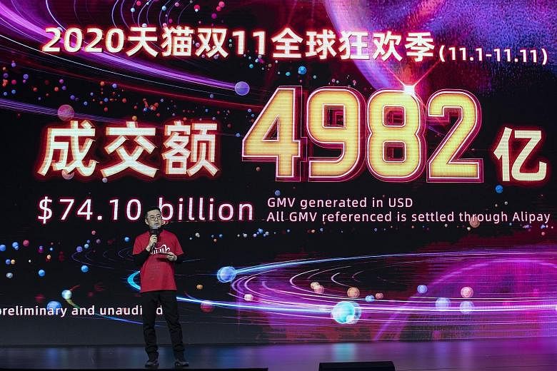 Alibaba's president of Tmall and Taobao Jiang Fan at a gala for its Singles' Day shopping event in Hangzhou yesterday. China's Internet ecosystem is dominated by Alibaba and Tencent through a network of investment.