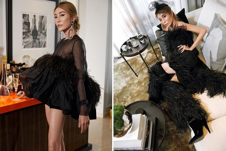 (Far left) Ms Long in an ostrich-feather dress and matching boots from Saint Laurent's spring/summer 2018 collection. (Left) A table setting by Ms Long, who loves to entertain. Ms Wendy Long in a Saint Laurent poofy silk and ostrich-feather top and s