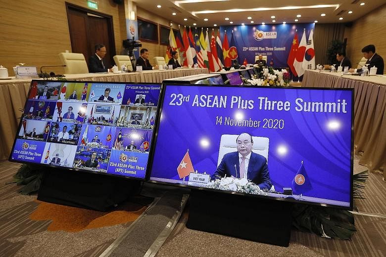 Clockwise from top left: Prime Minister Lee Hsien Loong at the 15th East Asia Summit yesterday. A screen grab showing United States National Security Adviser Robert O'Brien (centre) addressing Asean member states' representatives during the Asean-US 