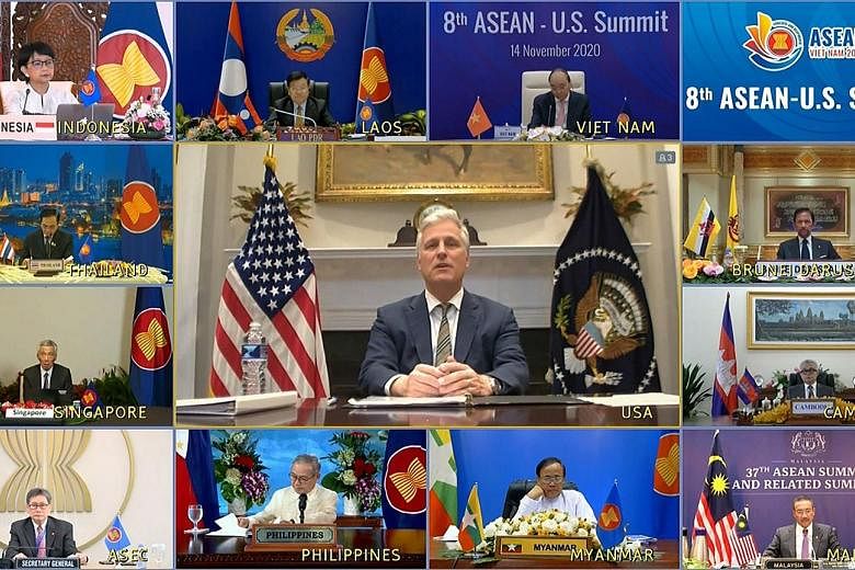 Clockwise from top left: Prime Minister Lee Hsien Loong at the 15th East Asia Summit yesterday. A screen grab showing United States National Security Adviser Robert O'Brien (centre) addressing Asean member states' representatives during the Asean-US 