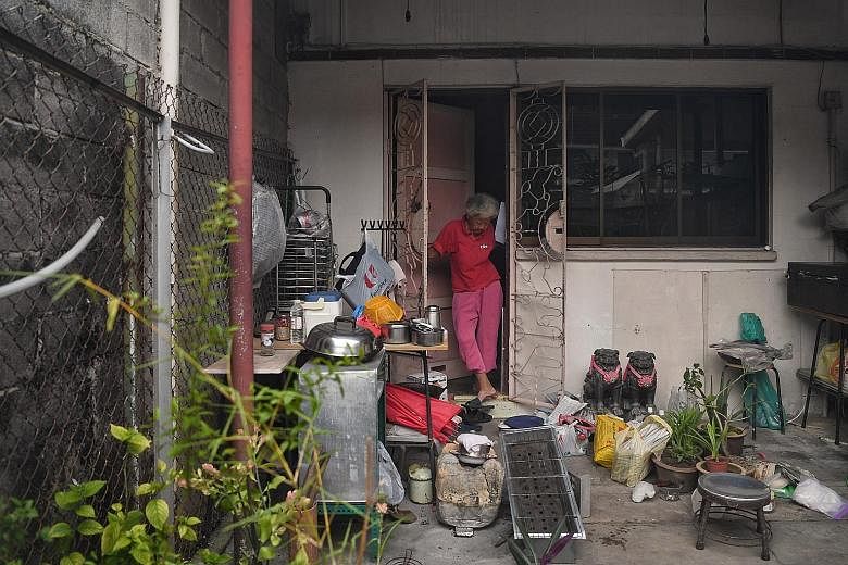 Mr Sam Guam, 64, encouraging Baylen Tan, two, to stroke one of his 12 reared chickens as Baylen's mother Meggie Huang, 36, a research manager, looks on. Retired seamstress Koh Peck Choon, 76, at her Geylang Lorong 3 home on Oct 29. Within weeks, she 