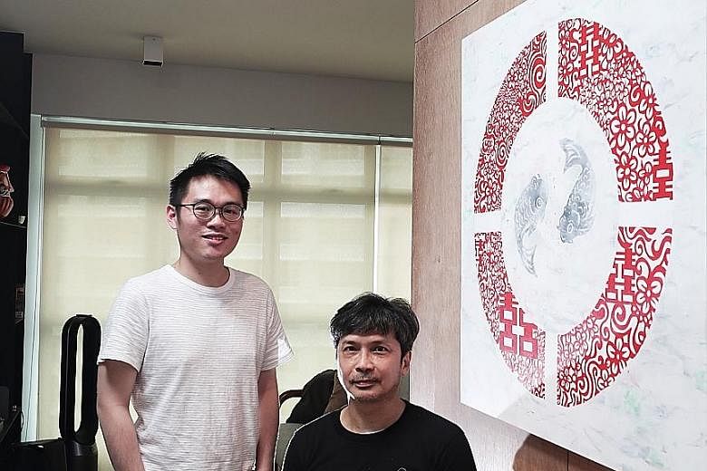 Glass artist Tan Sock Fong (left) with pieces from her gallery. She has created everything from stained glass doors to room dividers to coffee tables for her clients. Mr Alex Tan (left) commissioned a painting by Justin Lee (right) for the entryway o