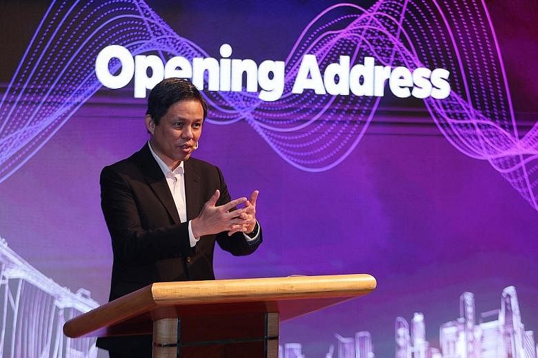 Minister for Trade and Industry Chan Chun Sing speaking at the Pro-Enterprise Panel and Singapore Business Federation Awards ceremony, during which he called for changes to the way regulations are used in Singapore.