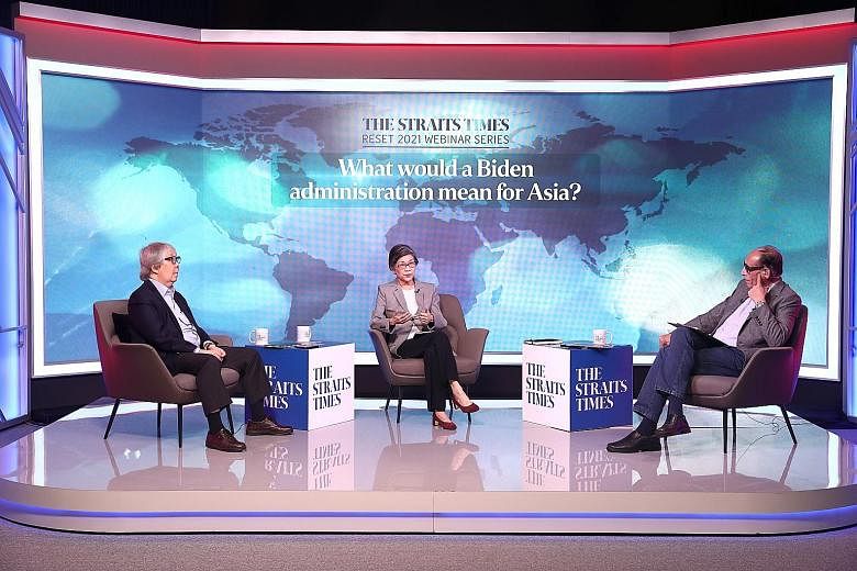 (From left) Ambassadors-at-large and former ambassadors to the United States Tommy Koh and Chan Heng Chee with panel moderator Vikram Khanna, Straits Times associate editor, at The Straits Times' inaugural Geopolitical Reset 2021 webinar on Thursday.