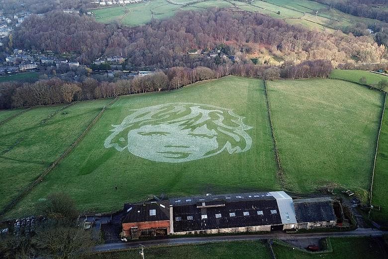 RAISING AWARENESS OF CHILDREN'S PLIGHT An aerial view showing an artwork entitled 6,000 Children by local art collective Sand In Your Eye, in Hebden Bridge, northern England, on Sunday. The artwork, supported by Unicef, was created over the course of