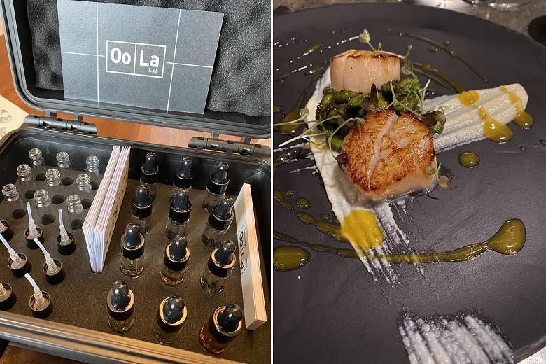 The Oo La Lab Perfume Mixology Briefcase (above left) comes with a selection of eau de parfum, empty vials and accoutrements to mix and match scents. Hokkaido scallops with cauliflower puree (above right) is on the Chef's Tasting Menu at steakhouse 6