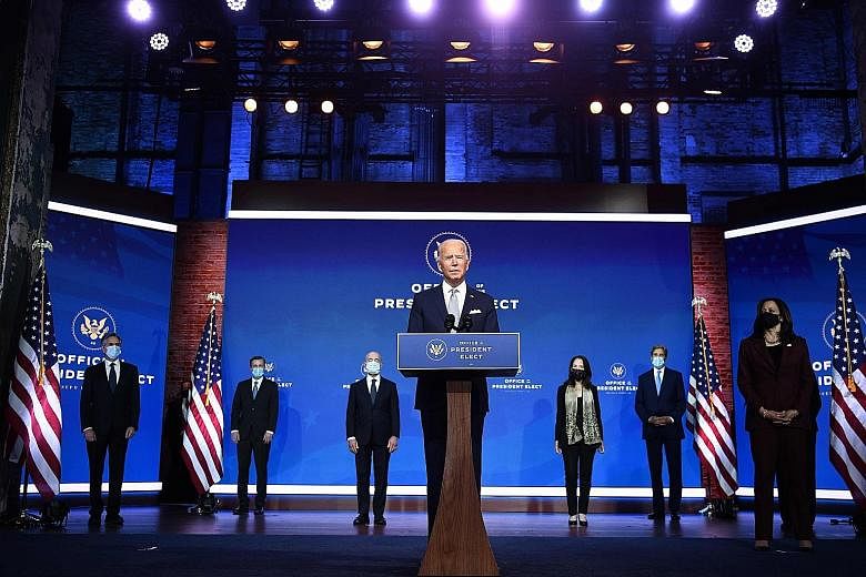 President-elect Joe Biden addressing the public on Tuesday from his hometown in Delaware, as he unveiled his picks for top foreign policy and national security positions. With him are Vice-President-elect Kamala Harris (far right) and his nominees, w