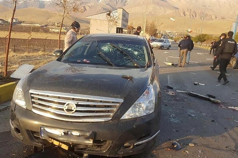 The site where prominent Iranian scientist Mohsen Fakhrizadeh (above) was assassinated, outside Teheran, Iran, on Friday. PHOTOS: REUTERS Other murdered nuclear scientists include Dr Majid Shahriari (left) and Dr Darioush Rezaeinejad.