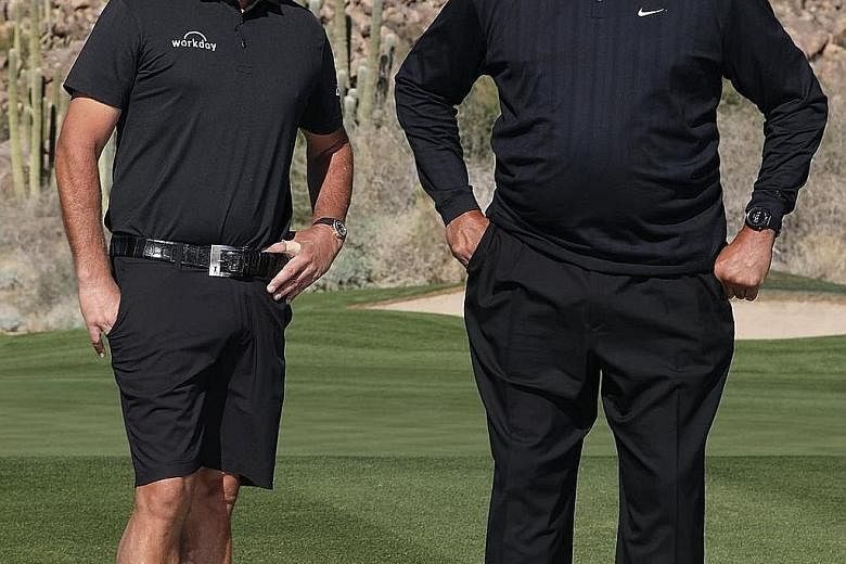 Happy winners Phil Mickelson and Charles Barkley outplayed Stephen Curry and Peyton Manning 4 and 3 in Arizona. PHOTO: PGATOUR/ INSTAGRAM