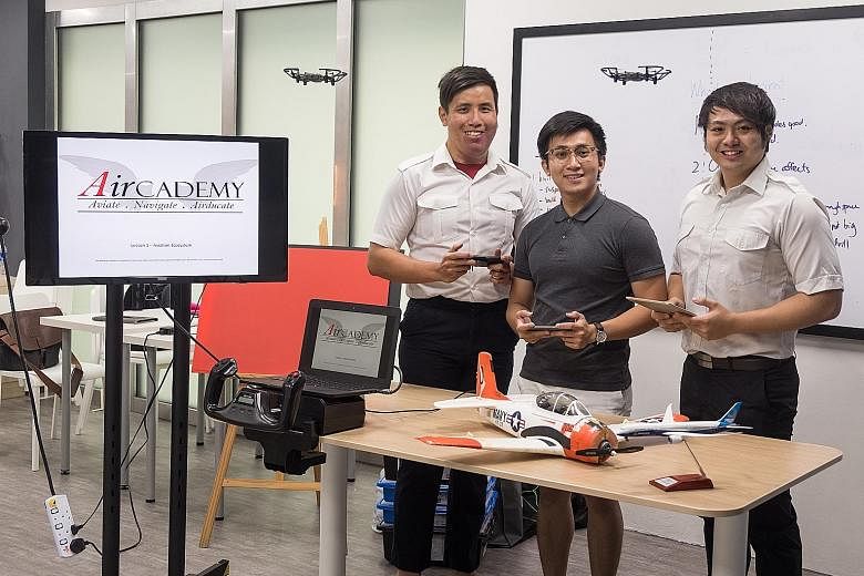 Aviation enrichment start-up Aircademy co-founders (from left) Jason Koor, Tan Xin Kai and Ku Pao Jung. The trio's focus is on contributing back to an industry they are passionate about, putting education first.