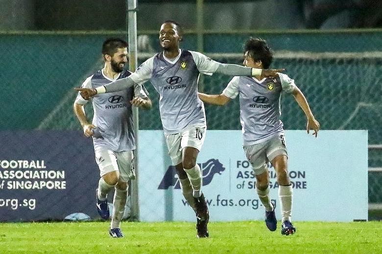 Tampines Rovers forward Jordan Webb celebrating with Zehrudin Mehmedovic and Kyoga Nakamura after scoring his 100th Singapore Premier League goal in the 3-1 win over the Young Lions.