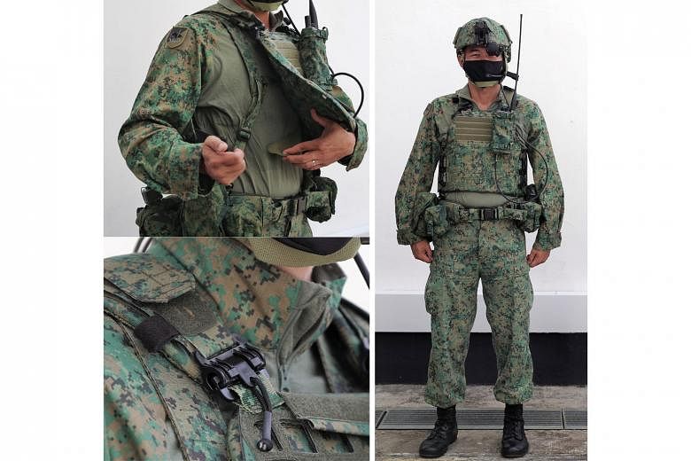 The Singapore Army's new load-bearing system (LBS) consists of a vest and belt, which are separate from each other (far left). The vest is secured with a clip mechanism (far left, below). The LBS has two variants - an enhanced version issued to full-