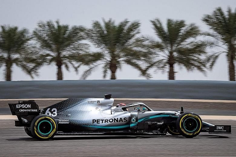 British driver George Russell, pictured during in-season tests at the Sakhir circuit last year, will take Covid-hit Lewis Hamilton's Mercedes spot this weekend.