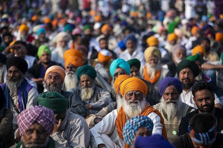 Farmers at a protest site on the Delhi-Haryana border crossing in Singhu, India, last Thursday. Tens of thousands of Indian farmers have been trying for more than a week to encircle the capital New Delhi in protest against new laws on the trading of 