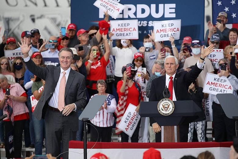 Left: Vice-President Mike Pence (at the lectern) drumming up support for Mr David Perdue in Georgia, on Friday. Right: Democrats Jon Ossoff (left) and Raphael Warnock are locked in run-offs with Republican incumbents Kelly Loeffler and David Perdue i