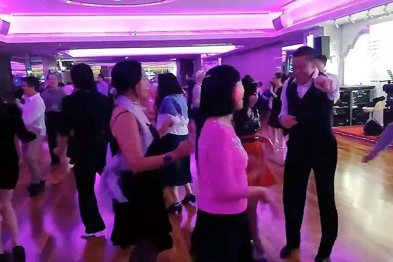(Above) Online videos of Hong Kong's dance clubs show women, in shimmering dresses or ruffled skirts, keeping in step with their younger male counterparts. (Left) Other videos show people dancing without masks amid the pandemic. PHOTOS: FUNG TAI/FACE