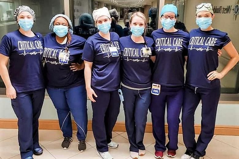 Nurse Alie Cavey (third from right) and her colleagues. She says many nurses at her hospital have quit because of mental stress. PHOTO: COURTESY OF ALIE CAVEY Nurses caring for a Covid-19 patient at UMass Memorial Hospital in Worcester, Massachusetts