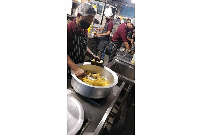 Food historian Osama Jalali preparing briyani at a cloud kitchen that he runs out of a farm in Gurgaon that uses firewood for cooking. (Left) Biryani Depot's cloud kitchen in Pune, which accounts for over 3,500 briyani servings every month, with mutt