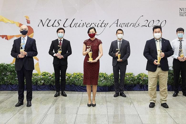 (From left) Professor Dario Campana, Associate Professor Stephen Lim, Professor Ivy Ng, Associate Professor Ho Han Kiat, Professor Dong Jin Song and Assistant Professor Feng Jiashi were among those honoured at this year's NUS University Awards. The s