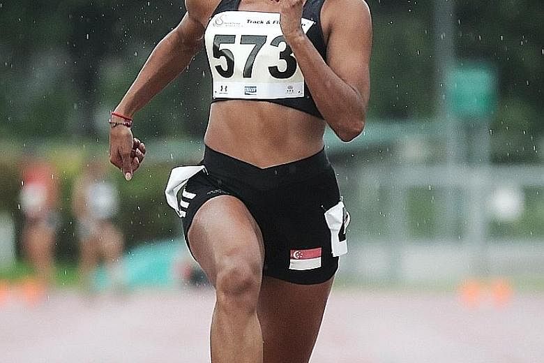 Shanti Pereira clocking 11.69sec in the 100m at the Singapore Athletics Performance Trial 2 at the Home of Athletics yesterday. It was just behind her bronze-medal time at the 2019 SEA Games in the Philippines.