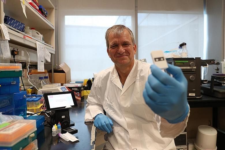 Professor Peter Preiser with the cellulose-based test he developed to detect proteins produced by the Sars-CoV-2 virus. ST PHOTO: TIMOTHY DAVID