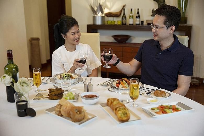 The first-and business-class meals (above) delivered to homes are the very ones served aboard Singapore Airlines' flights and were designed by its panel of renowned chefs.