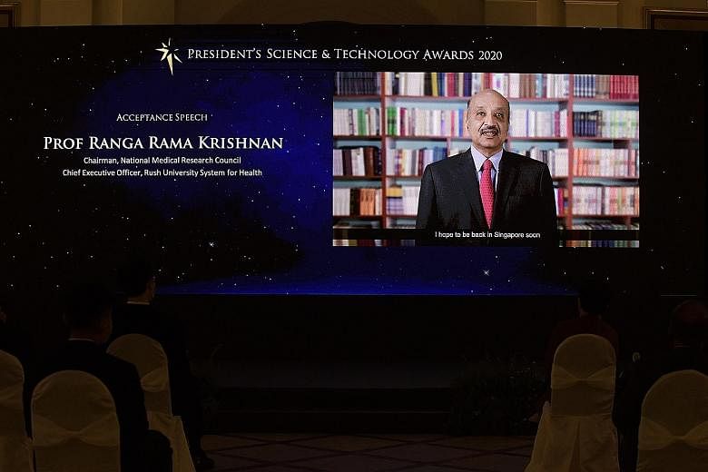 Professor Ranga Krishnan speaking from the United States in a video screened last Friday at the awards. He received the President's Science and Technology Medal for his role in advancing health and biomedical sciences research in Singapore.