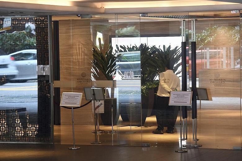 The Mandarin Orchard Singapore hotel lobby remained closed to visitors yesterday. Special testing operations to test all individuals and staff at the hotel have been completed, said the Ministry of Health.