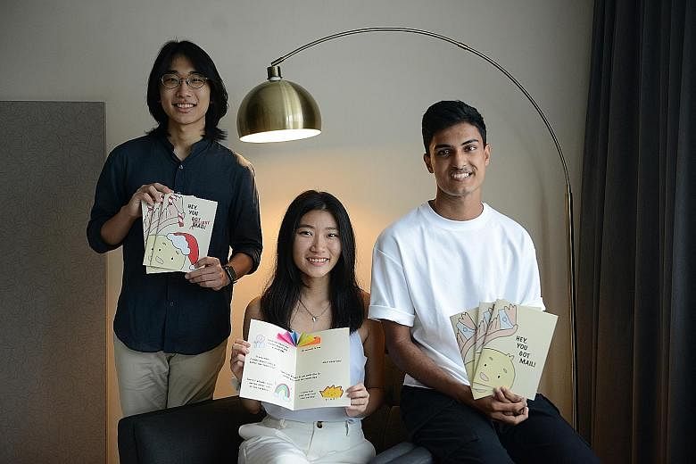 The six friends behind the Hey, You Got Mail! project are (above, from left) full-time national serviceman Triston Tan, National University of Singapore medical student Joanne Yep, Nanyang Technological University biological sciences students Jaslyn 