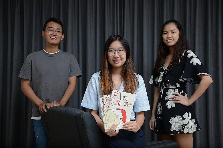 The six friends behind the Hey, You Got Mail! project are (above, from left) full-time national serviceman Triston Tan, National University of Singapore medical student Joanne Yep, Nanyang Technological University biological sciences students Jaslyn 