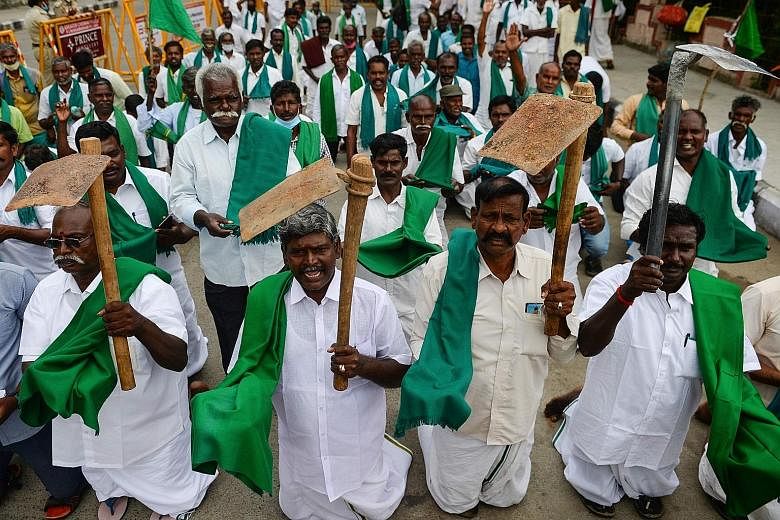 Members of a farmers' association in Chennai holding shovels yesterday to simulate begging as they protested against the Indian government's recent agricultural reforms. The protests are reverberating abroad, such as in the UK, where 36 MPs wrote to 