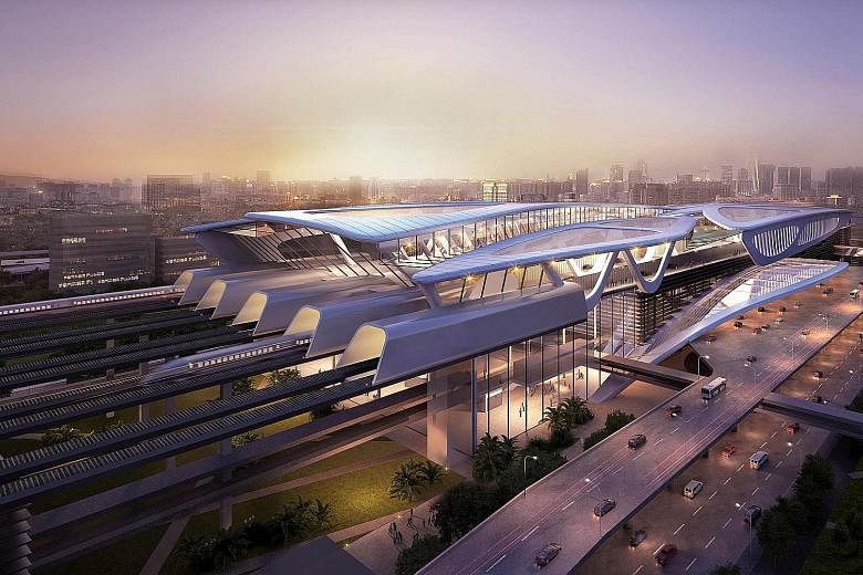 An artist's impression of the Bandar Malaysia station in Kuala Lumpur. The station would have linked travellers to Jurong in Singapore by high-speed rail. The surrounding Jurong Lake District was positioned, in 2017, as Singapore's future second Cent
