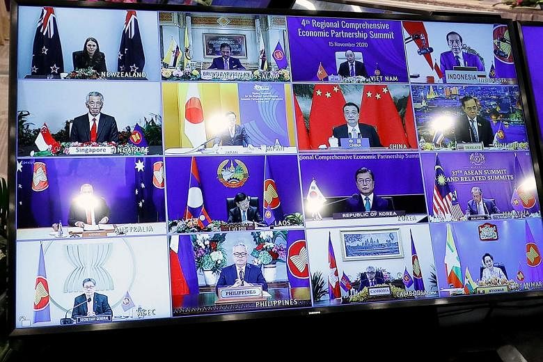 Leaders meeting via video link at the 4th Regional Comprehensive Economic Partnership (RCEP) Summit last November. The RCEP is a defining moment for a China-led Asian order, says the writer.