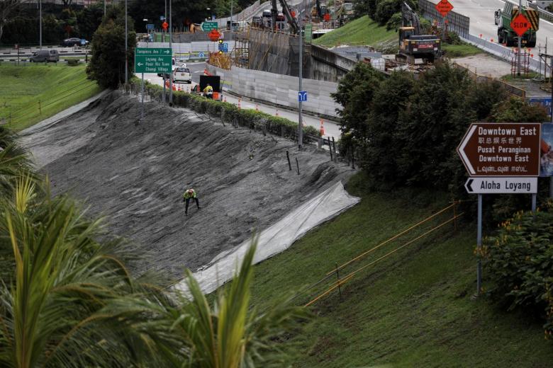 TPE slip road towards Loyang Avenue affected by landslip partially