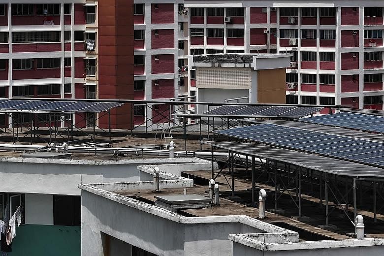 Solar panels on the rooftops of several HDB blocks in Bukit Batok. Minister Tan See Leng said solar energy is the most viable source of renewable energy in Singapore ST PHOTO: KELVIN CHNG