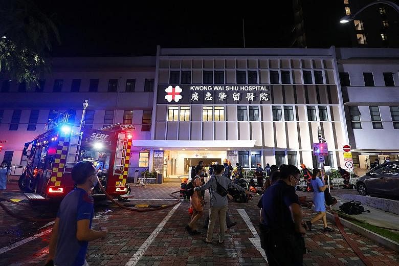 The Singapore Civil Defence Force said it was alerted to the fire at Kwong Wai Shiu Hospital in Serangoon Road at about 8.25pm on Tuesday. No one was injured, and the cause of the blaze is being investigated.