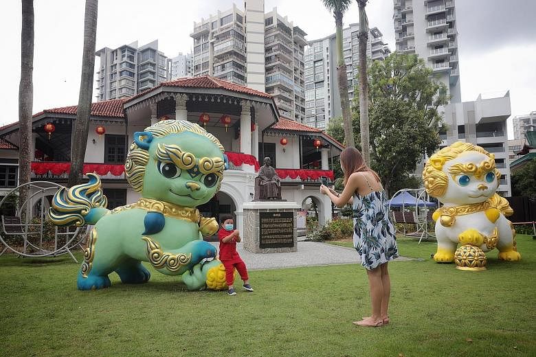 Two large guardian lions have been installed on the lawn of the Sun Yat Sen Nanyang Memorial Hall in Balestier to mark the start of the museum's Wan Qing Festival of Spring. The lions will be on display until Feb 28. ST PHOTO: JASON QUAH