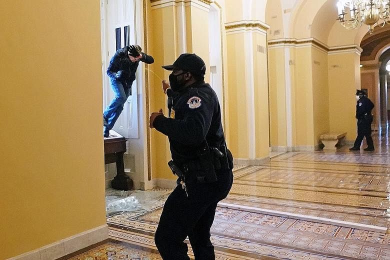 Above: Law enforcement officers aiming less lethal weapons at pro-Trump protesters on Wednesday at the US Capitol. Left: The protesters broke into the building to protest against President Donald Trump's election defeat, ransacking parts of it while 