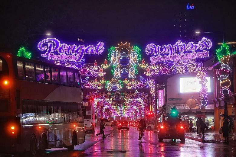 The grand light-up for this year's edition of the Pongal festival in Serangoon Road yesterday. The festival, which starts on Thursday and runs for three days, is celebrated by farmers in India to give thanks for a year of bountiful harvest. The tradi