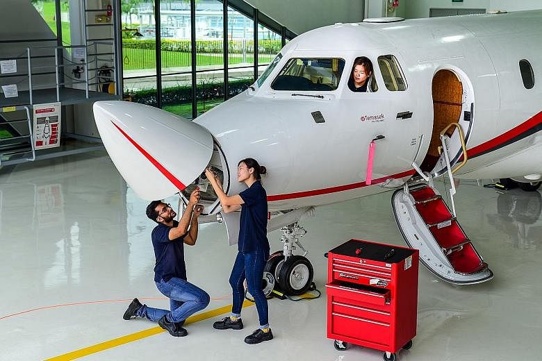 At the Temasek Aviation Academy, aerospace engineering students get to work on full-flight simulators and in an aircraft hangar with a ground operational Hawker Siddeley 700A business jet. Temasek Polytechnic's Veterinary Technology students have han