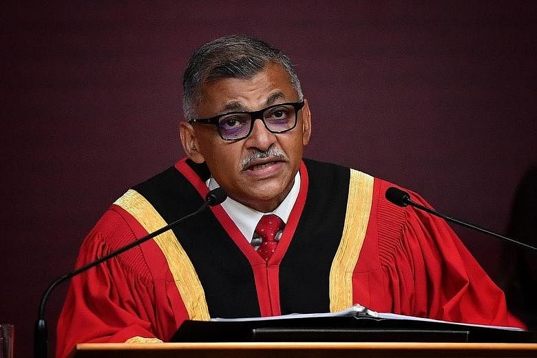 Chief Justice Sundaresh Menon (centre) delivering a speech to mark the opening of the legal year. The event was conducted virtually for the first time, with the proceedings live-streamed to about 1,000 participants.