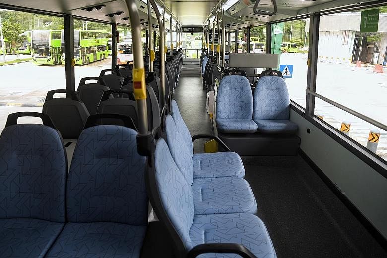 The three-door buses will have two staircases leading to the upper deck instead of the usual one. The additional staircase has led to some changes in the orientation of seats on the upper deck, with three seats offering a panoramic view. ST PHOTOS: K