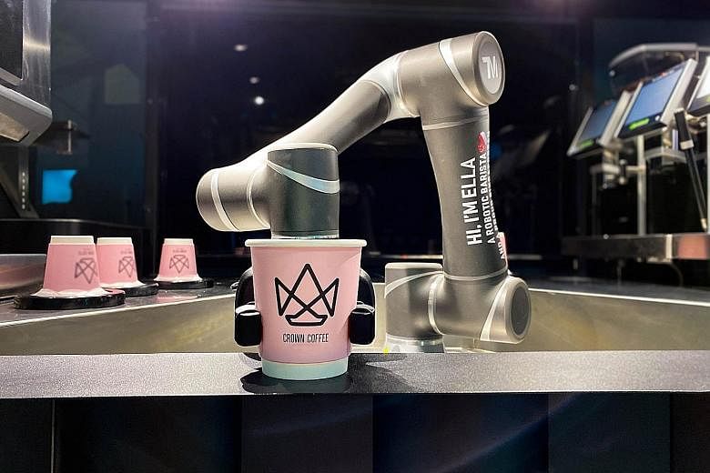 Crown Technologies' robot barista can make up to 200 cups of coffee an hour. It is monitored 24/7 to ensure there are no abnormalities, and uses predictive analytics to forecast demand, making it easier to plan replenishments and servicing of the kio