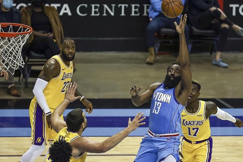 Houston Rockets guard James Harden attempting a shot against the Los Angeles Lakers on Tuesday. The Rockets lost 117-100 and dropped to 3-6. They are second from bottom in the Western Conference, just ahead of the Minnesota Timberwolves (3-7).