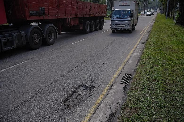 Potholes were spotted in (from left) Jalan Bahagia , Hill Street and Jalan Bahar yesterday. After heavy rain in the past weeks, road defects like these have proliferated across Singapore, raising concern among motorists and cyclists. ST PHOTOS: JASON