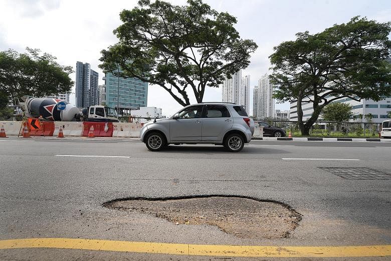 Clockwise from above: Potholes in Kallang Bahru, Beach Road and Lavender Street. These photos were taken yesterday.