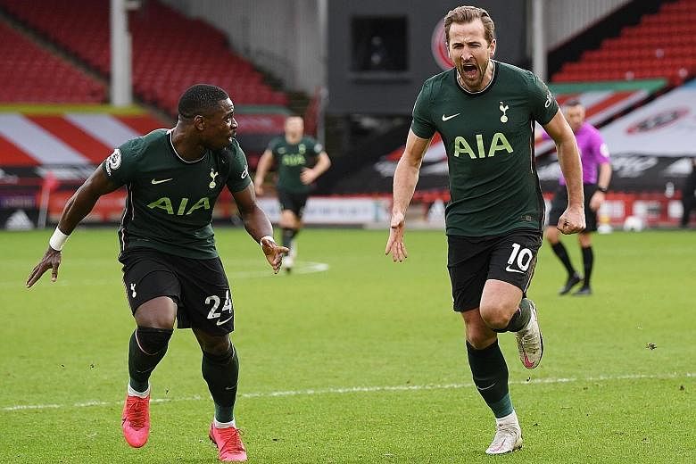 An elated Harry Kane is joined in celebration by Serge Aurier, after the Tottenham striker put his side two up against cellar-dwellers Sheffield United, with the defender having given Spurs a fifth-minute lead before Tanguy Ndombele got the third in 