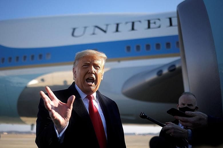 President Donald Trump speaking to the media before boarding Air Force One to travel to Texas last week. Mr Trump will not attend his successor's inauguration, but there is no clear answer on what he plans to do next.