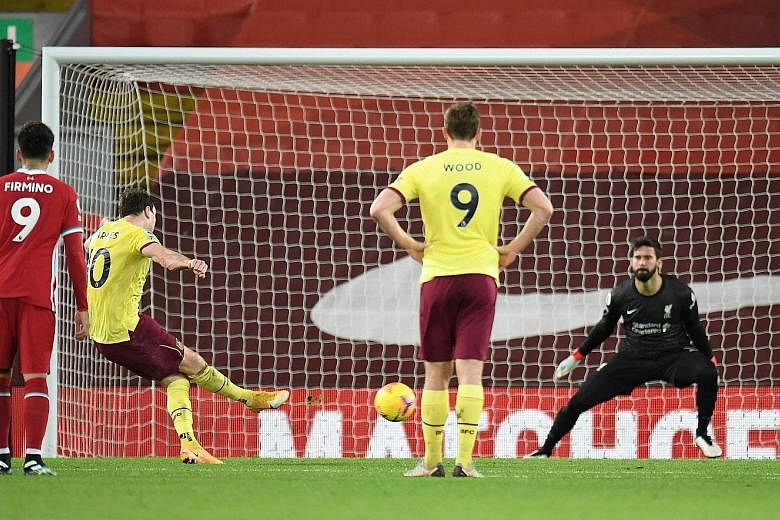 Ashley Barnes slotting in his penalty to give Burnley a 1-0 Premier League victory over Liverpool at Anfield on Thursday. It was the Reds' first home loss in the EPL since Crystal Palace won 2-1 in April 2017.